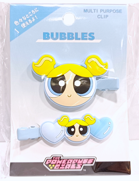 Front view of The Powerpuff Girls Bubbles multi-purpose clip set in its packaging, featuring a light blue card with a large Bubbles face clip and a matching heart-shaped accessory clip below.