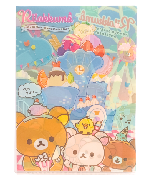 Front view of the Rilakkuma A4 clear file folder with a yum yum sweets amusement park theme, featuring Rilakkuma eating popcorn, Korilakkuma with Kiiroitori, and Chairoikoguma in front of a giant ice cream dessert castle.