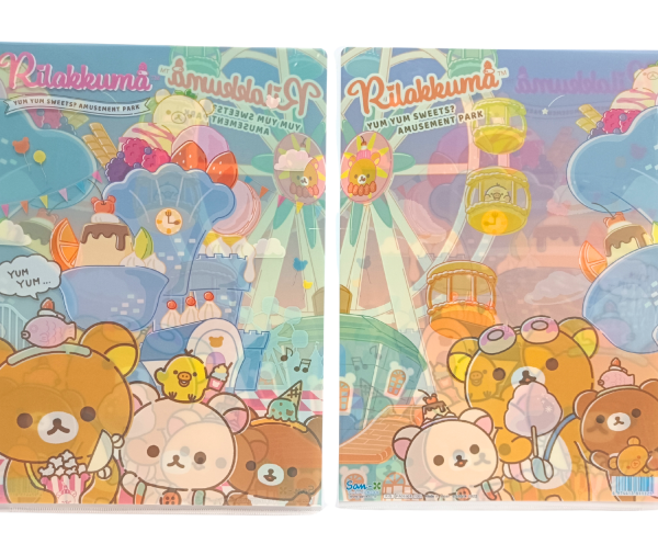 Front and back display of the Rilakkuma A4 clear folder with a sweets amusement park theme, featuring a pancake castle, ferris wheel, and characters holding popcorn and cotton candy on a teal and orange background.