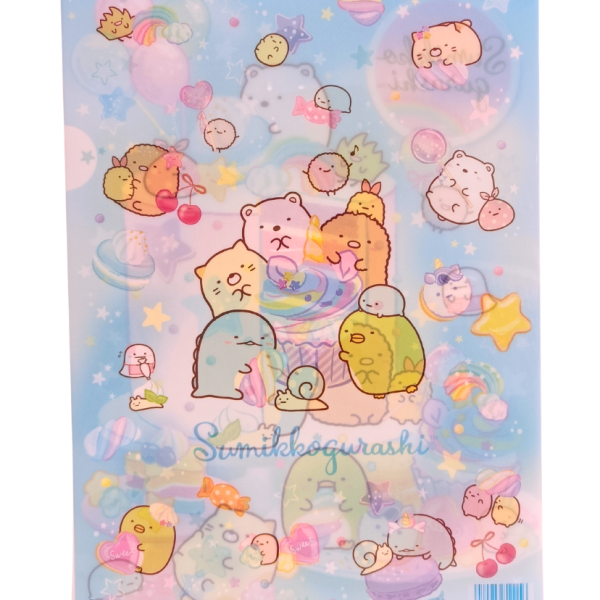 Back view of the Sumikko Gurashi A4 clear file folder, showing a semi-transparent light blue background decorated with a pastel star pattern.