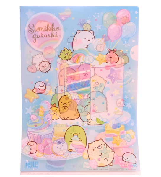 Sumikko Gurashi A4 clear file folder with a dreamy rainbow dessert theme, featuring a large multi-layered cake surrounded by characters including Shirokuma, Penguin?, Tonkatsu, Neko, and Tokage with balloons and cupcakes on a light blue background.
