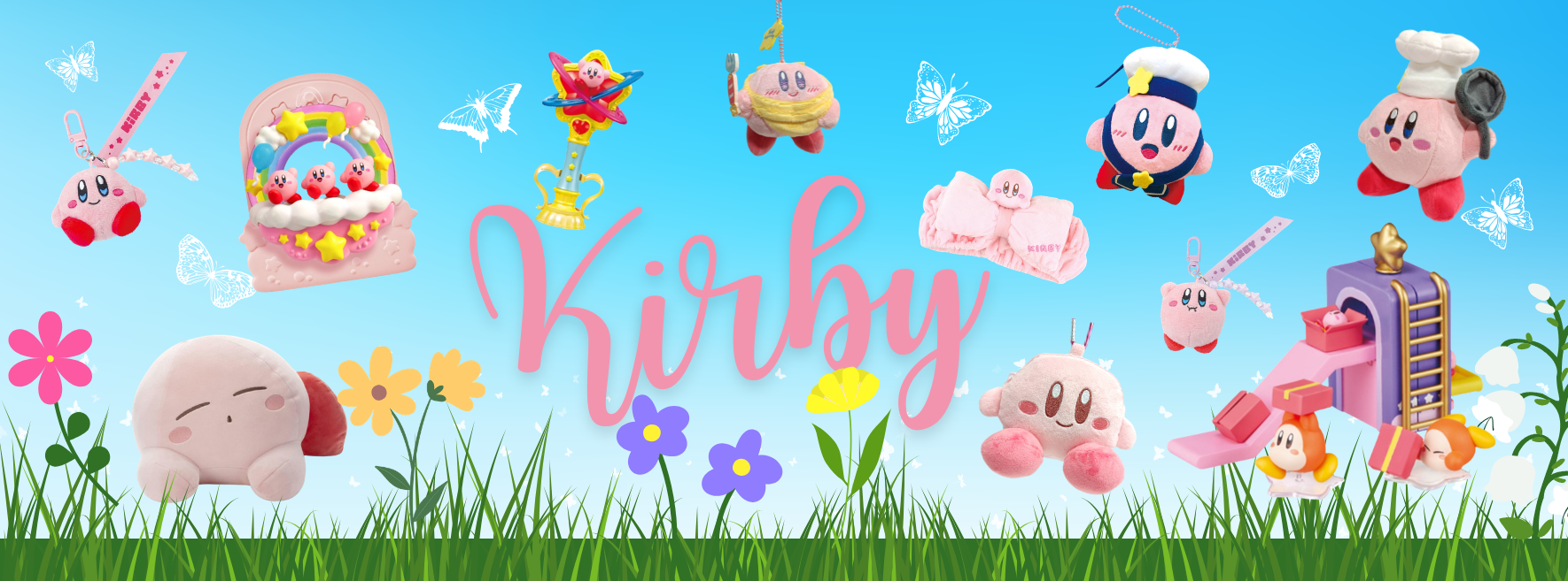 Bright blue sky and green grass themed Kirby website banner with large pink text 'Kirby', featuring various Kirby merchandise including plushies, keychains, a bow headband, and miniature display figures under a sunny garden backdrop