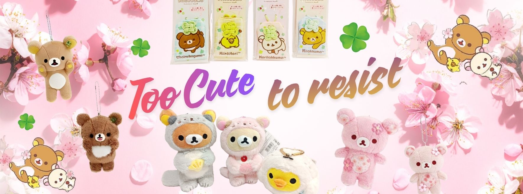 Pink cherry blossom themed Rilakkuma website banner with the text 'Too Cute to resist', featuring an assortment of Rilakkuma plushies, keychains, and charms including sakura and honey bee collections
