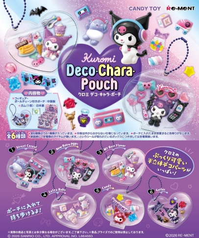 fficial promotional poster for Re-Ment Sanrio Kuromi Deco-Chara Pouch blind box collection. The top features a clear heart-shaped pouch with a blue ball chain filled with Kuromi 3D mini figures and micro food accessories. The bottom displays all 6 different styled variants including Street Casual, New Retro Pop, Lolita Baby, Candy, and Gothic themes.