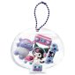 A single variant showcase of the Re-Ment Kuromi Deco-Chara Pouch in Street Casual style. The clear vinyl pouch with a purple ball chain is filled with mini-figures and street accessories, including Kuromi wearing headphones, a purple bear with headphones, a pink roller skate, a blue skateboard, and a pink retro cassette boombox.