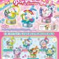 Official promotional poster for Re-Ment Pokémon Pop Melody blind box collection. The top half displays large detailed previews of the musical stage diorama figures including Pikachu with Meloetta, Lapras, and Sylveon. The bottom half features a pink checkered layout listing all 6 collectible designs with their corresponding numbers and names, along with an illustration of the blind box retail packaging.