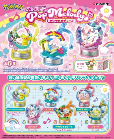 Official promotional poster for Re-Ment Pokémon Pop Melody blind box collection. The top half displays large detailed previews of the musical stage diorama figures including Pikachu with Meloetta, Lapras, and Sylveon. The bottom half features a pink checkered layout listing all 6 collectible designs with their corresponding numbers and names, along with an illustration of the blind box retail packaging.