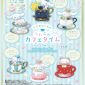 Official promotional poster for Re-Ment Sanrio Cinnamoroll Fluffy Cafe Time blind box collection. Set against a light blue and white striped background decorated with small flowers, the poster showcases 6 adorable pastel-colored teacup mini figures. Each collectible features Cinnamoroll and friends nestled inside intricately detailed coffee cups and saucers, highlighting their soft flocked, velvety texture finish.
